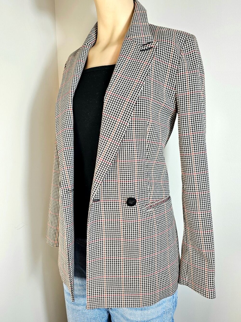 Mango MNG Houndstooth Plaid Blazer Size 2 Tailored Double Button